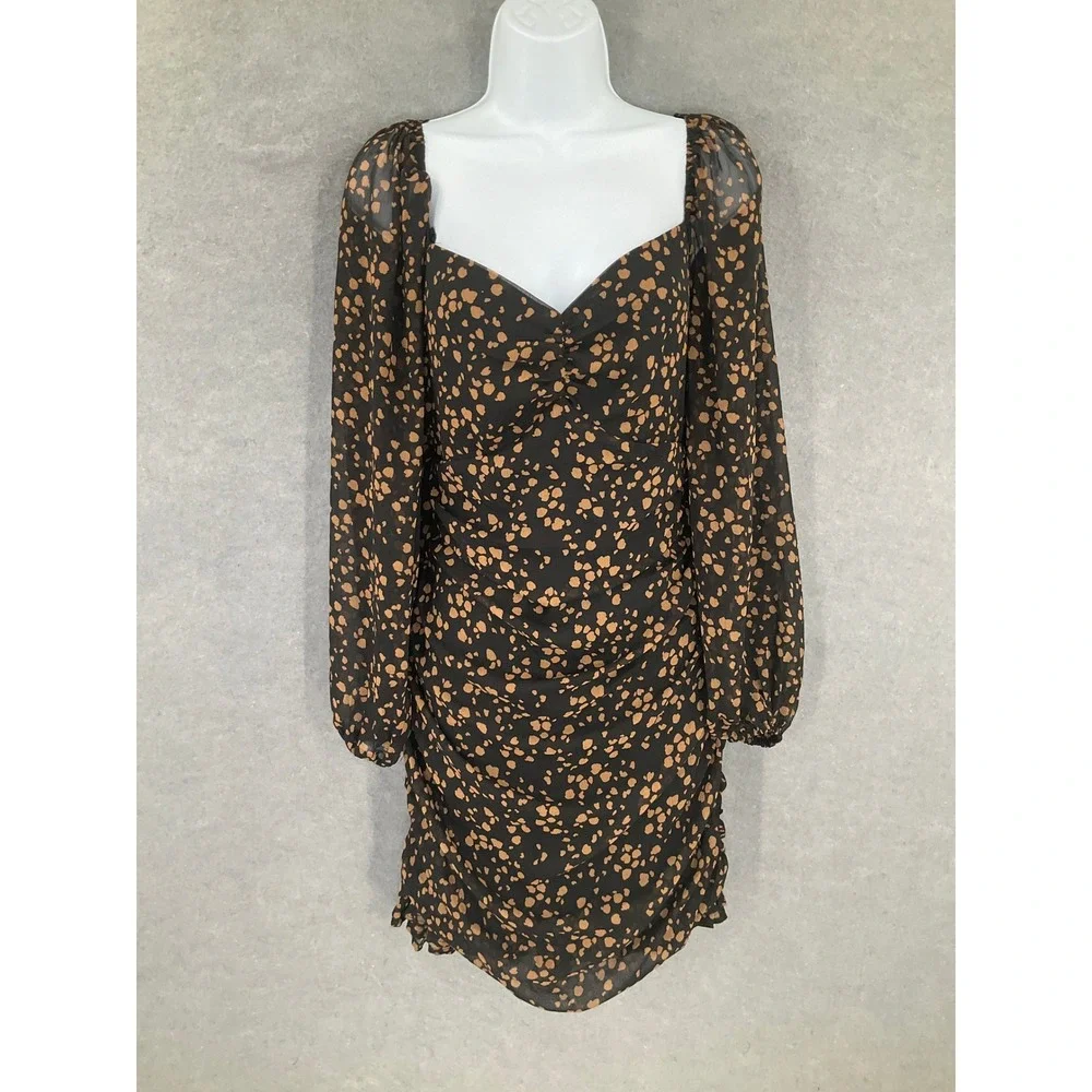 All in Favor Dress Black Tan‎ Patterned Babydoll Cinched Open Back Sz M Party